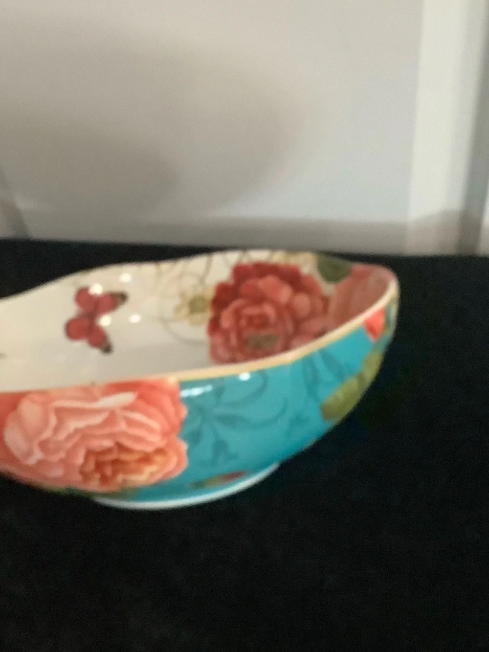 Pier 1 Floral & Butterfly Ceramic Serving Bowl - Coral and Green